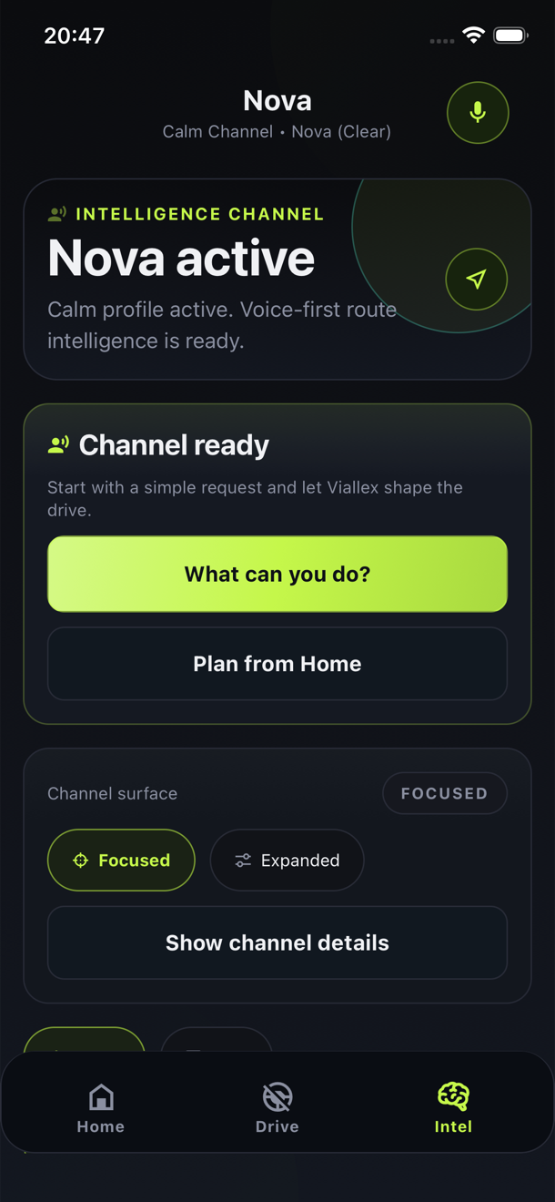 Latest Viallex iOS Intelligence channel screen with Nova active controls